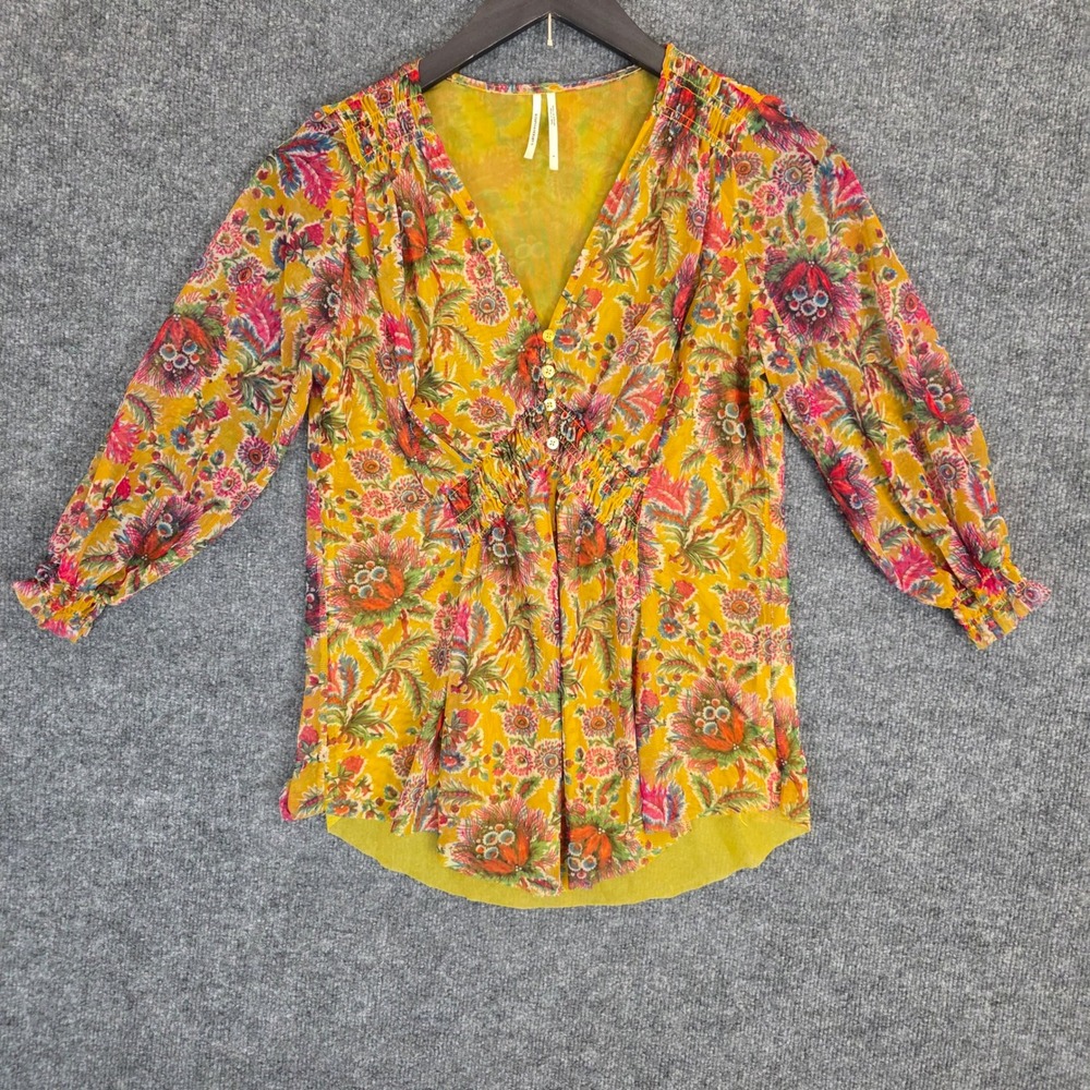 Anthropologie Gretchen Blouse Womens Small Yellow Floral Mesh V-Neck Smocked Top